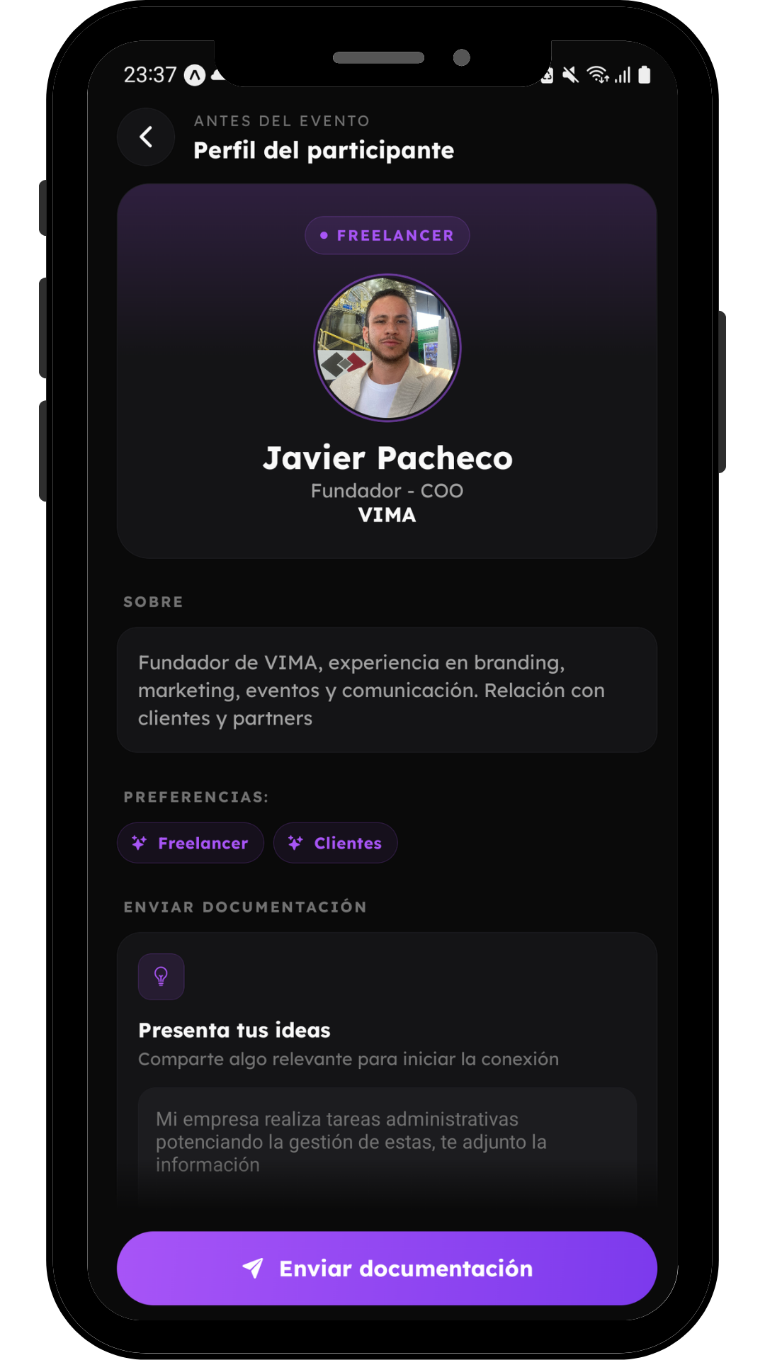 Perfil del participante con Enviar documentación